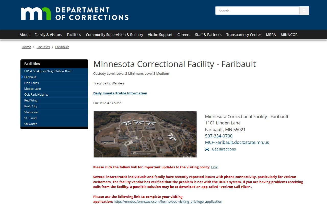 Minnesota Correctional Facility - Faribault inmate lookup facility page