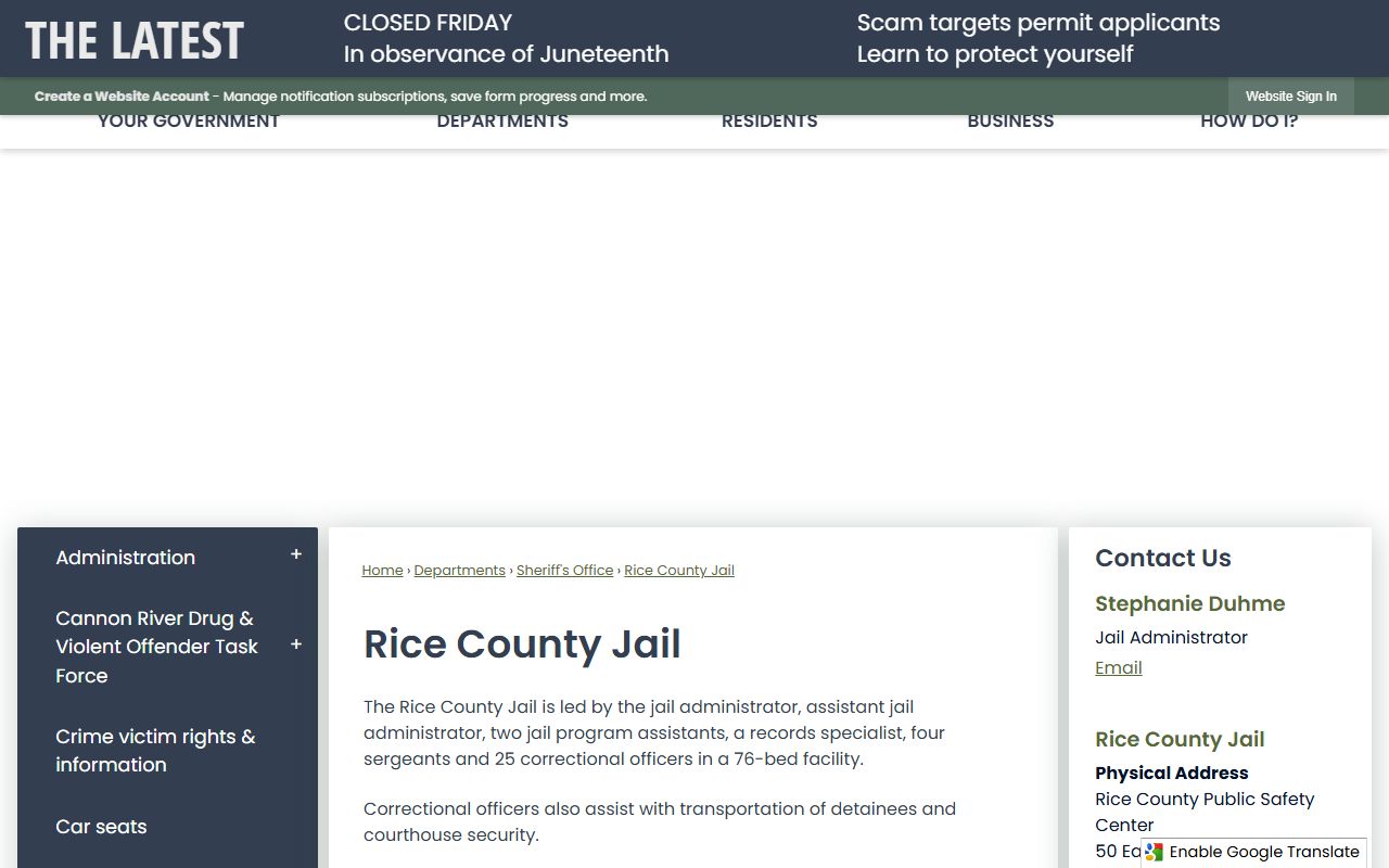 Rice County Jail page for inmate population and jail roster access