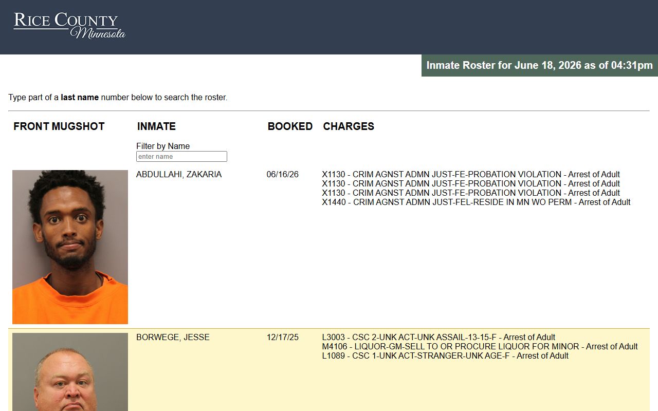 Rice County inmate roster search fields and current jail population rows